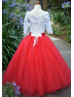 Off Shoulder White Lace Red Tulle Floor Length Flower Girl Dress
